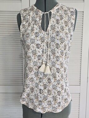 Lucky Brand Cream Floral Tassel Tie Sleeveless Top